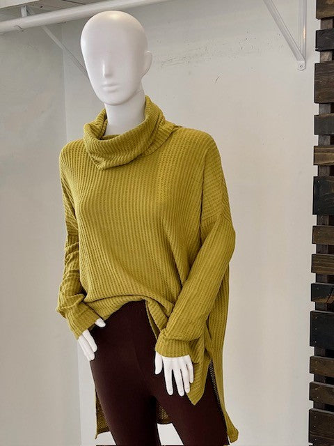 Thermal Waffle Cowl Neck Hi-Low Sweater