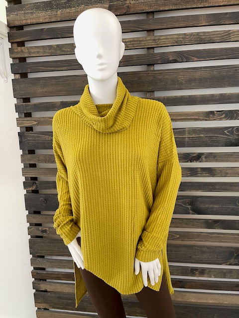 Thermal Waffle Cowl Neck Hi-Low Sweater