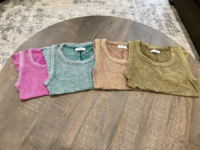 Washed Ribbed Round Neck Tank