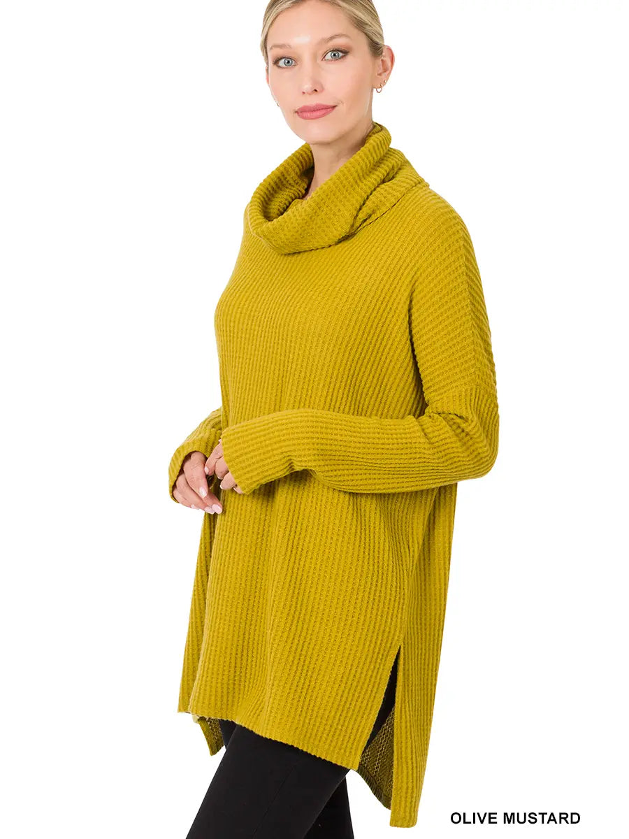 Thermal Waffle Cowl Neck Hi-Low Sweater